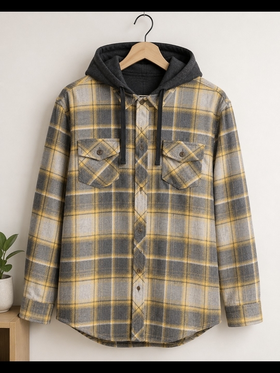 Tops - Men's Hooded Plaid Flannel Shirt Jacket - Gray & Yellow Unisex